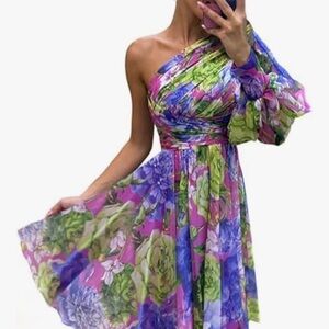 ChiMe Womens Holiday Maxi Dress Lantern Sleeve One
Shoulder High Slit Floral